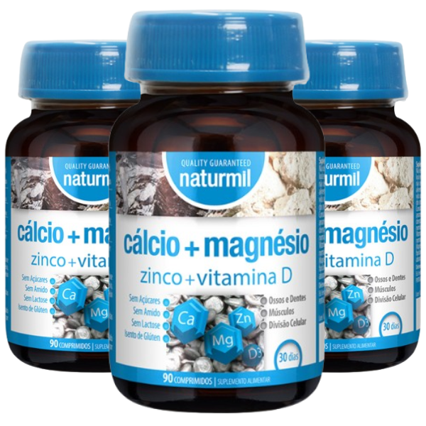 Cálcio + Magnésio + Zinco + Vitamina D (Pack 3X 90 Comprimidos - 90 Dias) Naturmil Naturmil