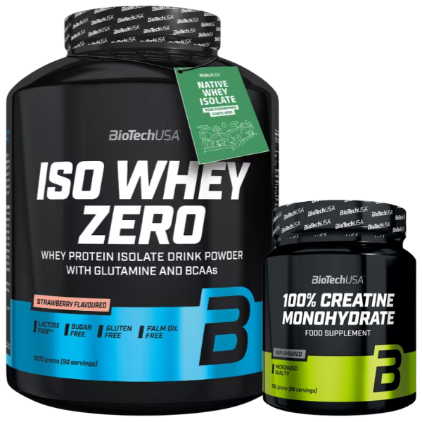 Pack - Iso Whey Zero 1816g Fresa + 100% Monohidrato de Creatina 300g, Biotech USA