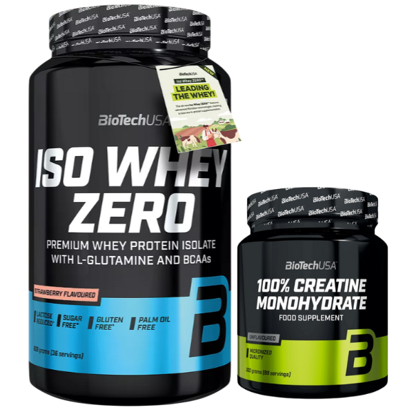 Pack - Iso Whey Zero 908g Fresa + 100% Monohidrato de Creatina 300g, Biotech USA