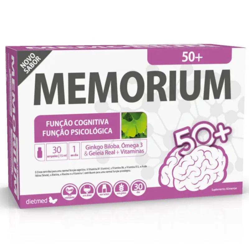 Memorium (50+) Ginkgo Biloba, Ômega 3, Geleia Real - 30 ampolas Dietmed