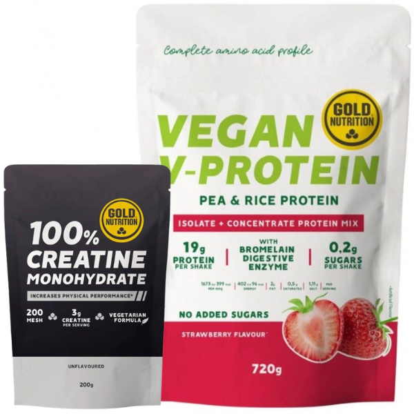 Pack - Vegan V Protein 720g Morango + 100% Creatine Monohydrate, Gold Nutrition