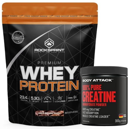 Pack - Premium Whey Protein 900g Chocolate Rocksprint + 100% Creatine Monohydrate Powder 300g Rocksprint