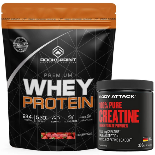 Pack - Premium Whey Protein 900g Morango Rocksprint + 100% Creatine Monohydrate Powder 300g Rocksprint